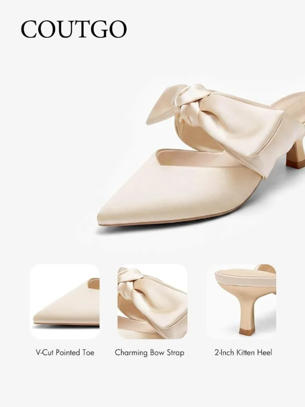 Women's Champagne Rubber Satin Bow Strap Kitten Heels Pointed Toe Slip On Pumps